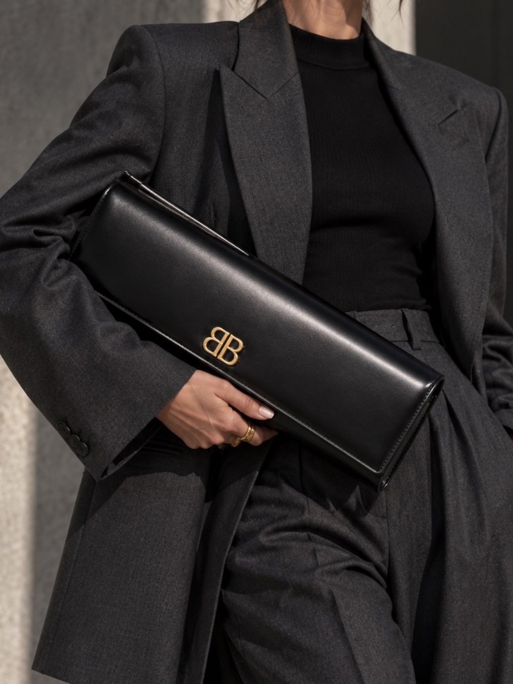 BALENCIAGA Black Leather XL Maxi Clutch with Gold BB Accent NEW